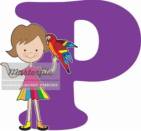 A young girl holding a parrot to stand for the letter P