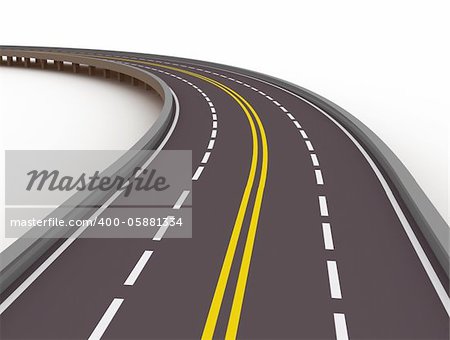 turned left asphalted road isolated on white background