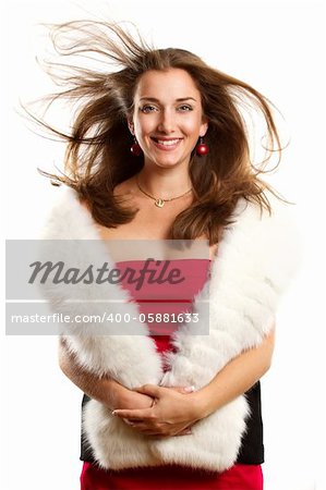 beautiful woman in red dress with furs against white backgrounds