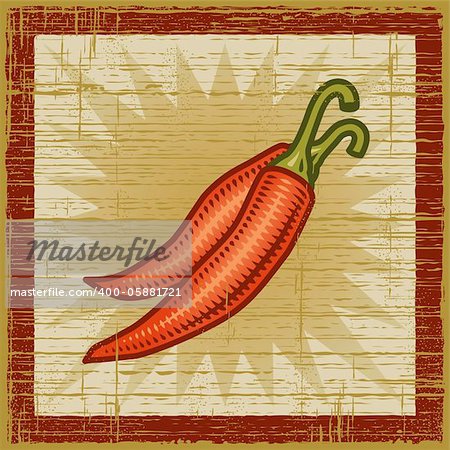 Retro chili peppers on wooden background. Vector illustration in woodcut style.