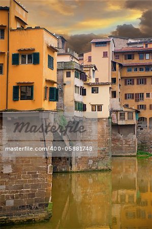 Detail of Ponte Vecchio and river Arno, Florence, Italy
