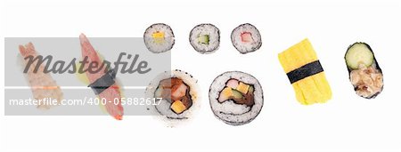 Selection of 9 pieces of sushi isolated on a white background without shadows.