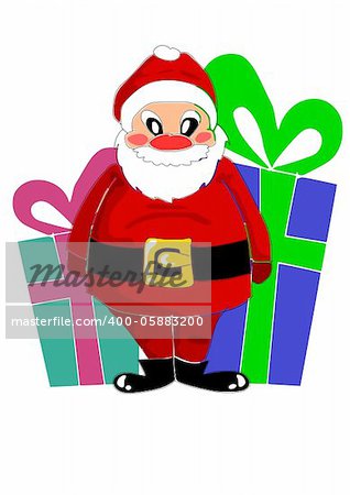 Big colorful gifts and happy santa claus - vector