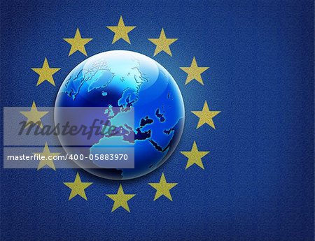 Textured United Europe flag and globe over it. Earth concept design.