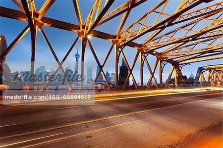 Night traffic lights inside of the Garden Bridge of shanghai china.