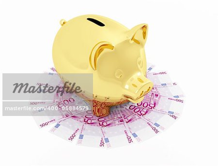 piggy bank on five hundred  Euro banknote isolated on white -rendering