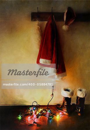 Digital painting of santa costume with lights on floor