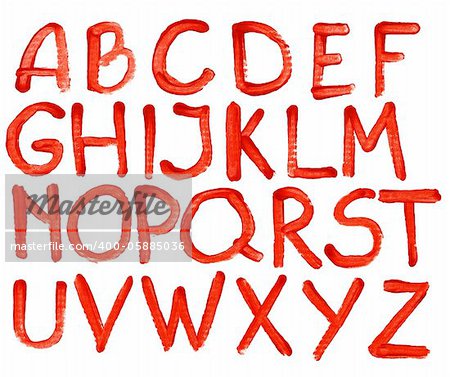 Hand painted red acrylic alphabet isolated on white