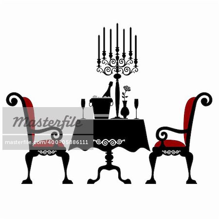 Romantic dinner for two with table and two chairs, candle and champagne, vector illustration isolated on white background