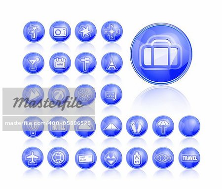 Shiny Blue Travel Icon Set. Vector illustration