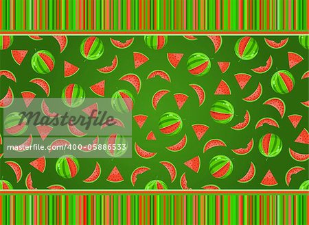 Juicy Watermelon Seamless Pattern on Dark Green Background With Striped Decoration
