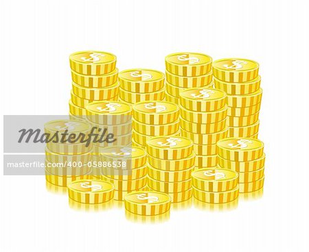 Huge Heap Of Gold Coins Isolated On White Background. Vector