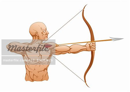 Illustration of strong archer holding bow and arrow ready to release