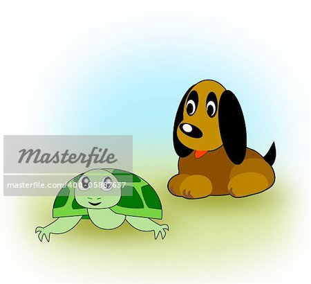 A little puppy sitting and     looking at a turtle.