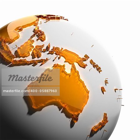 A fragment of the globe with the continents of thick faceted amber glass, which falls on hard light, creating a caustic glare on faces. Isolated on white background