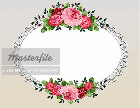 Vintage roses bouquet vector illustration with lace frame and space for your text or design, invitation template