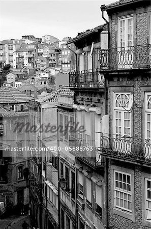Portugal. Porto. Aerial view over the city in black and white