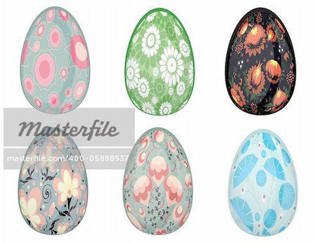 set of six easter eggs on white background