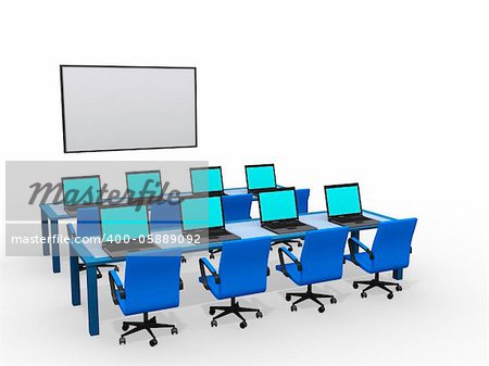 Modern classroom with computers, 3d render