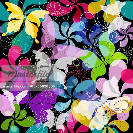 Seamless dark floral pattern with transparent colorful flowers and butterflies (vector EPS 10)
