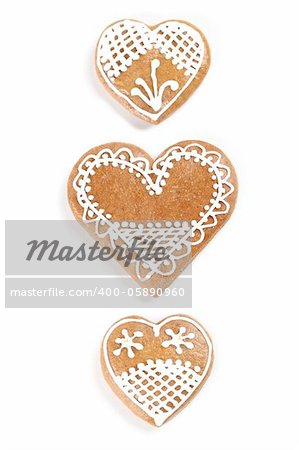 Gingerbread hearts on white background