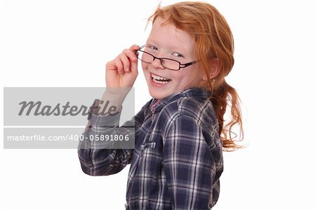 Portrait of a young girl wearing glasses on white background