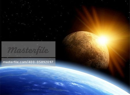 Space flare. A beautiful space scene with planets and sun