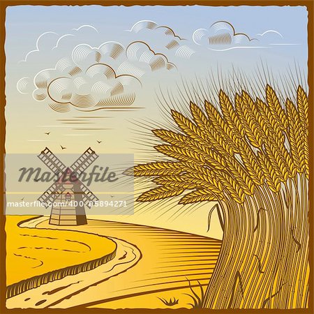 Retro landscape with wheat fields in woodcut style. Vector illustration with clipping mask.