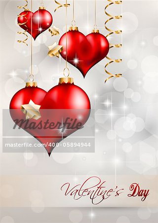 Valentine's Day Flyer with a glitter vintage background, and glossy red hearts flying over the air.