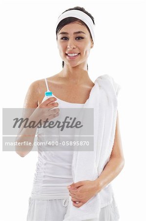 Stock image of cheerful woman after workout isolated on white background