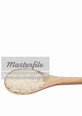 Jasmine rice on wooden scoop on an isolated white background