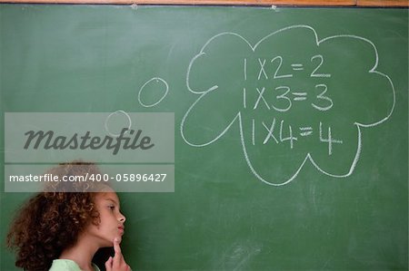Schoolgirl thinking about algebra in front of a blackboard
