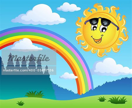 Landscape with rainbow and Sun 1 - vector illustration.