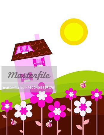 Village house in spring nature. Vector Illustration