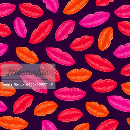 Seamless Pattern With Bright Lips On Dark Background. Vector illustration