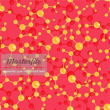 Molecular seamless pattern with yellow molecule structure on red backdrop. Vector illustration.