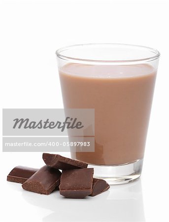 Glass of chocolate milk with broken chocolate bars