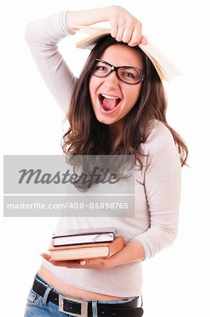 Shouting student with books isolated on white background