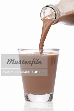 Bottle pouring milk chocolate into a glass
