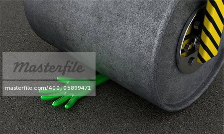 Illustration of hand under a road-roller, as accident