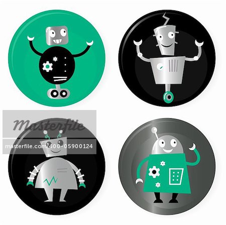 Happy robots friends badges. Vector cartoon Illustration.