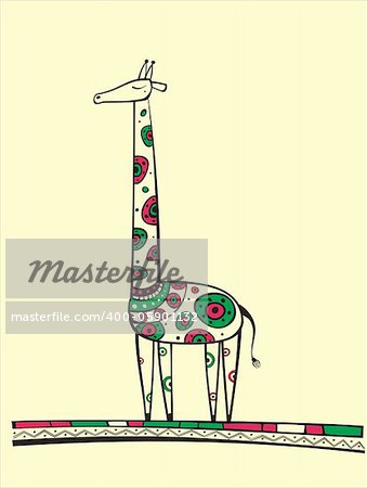 Illustration of giraffe, produced in ethno style with the unique colour