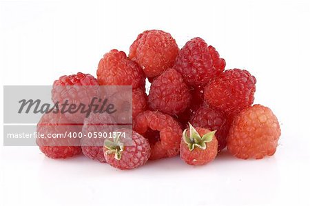 front view of ripe raspberry on white background