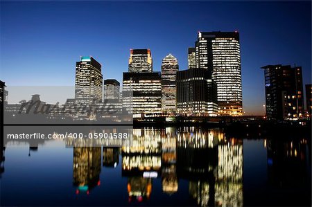Office skyscrapers in Canary Wharf at Night. Canary Wharf is the main financial district at London