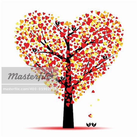 Valentine tree with hearts leaves and birds