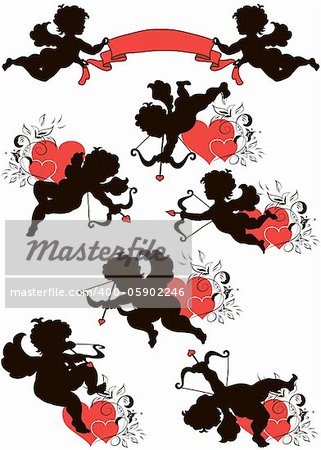 A set of cute cupid silhouettes decorated with hearts and floral ornament