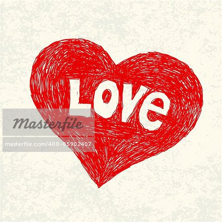 Heart symbol with love word on old paper. Vector illustration, EPS10