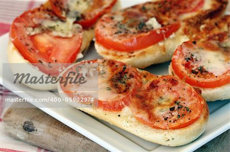 Italian bruschetta with tomato and cheese, shallow dof