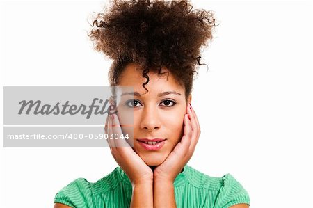 Beautiful woman with hands on cheeks looking at the camera. Studio shot with isolated white background.