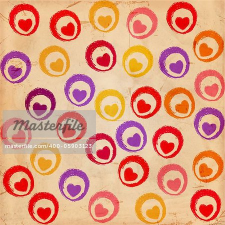 coloured hearts with circles on old paper